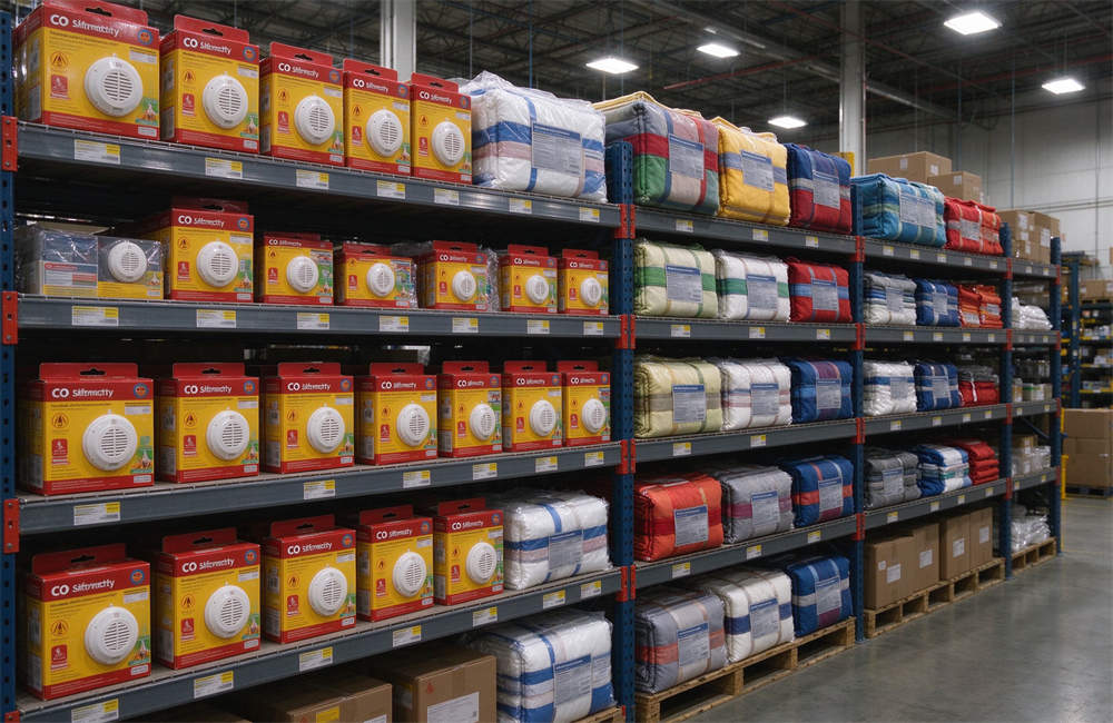 Warehouse shelves stacked with CO alarms and emergency blankets, organized inventory of carbon monoxide safety equipment and disaster relief supplies