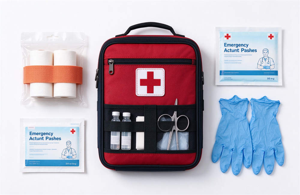 Emergency trauma first aid kit with bandages and antiseptic supplies, emergency medical supplies for carbon monoxide response and general disaster relief first aid