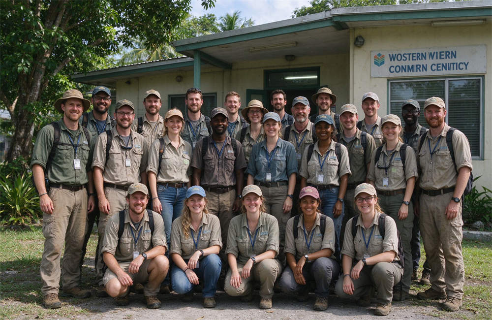 Group of diverse Western relief volunteers standing in front of community center, emergency response team for carbon monoxide awareness and home safety outreach programs