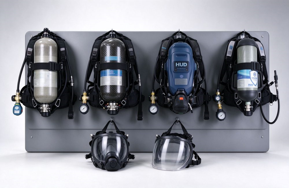 Four different models of positive pressure SCBA featuring carbon fiber and steel cylinders lined up neatly for professional product display