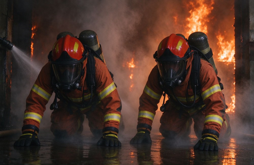 Firefighter wearing positive pressure SCBA crawling through thick dark smoke inside training tower during interior fire rescue drill