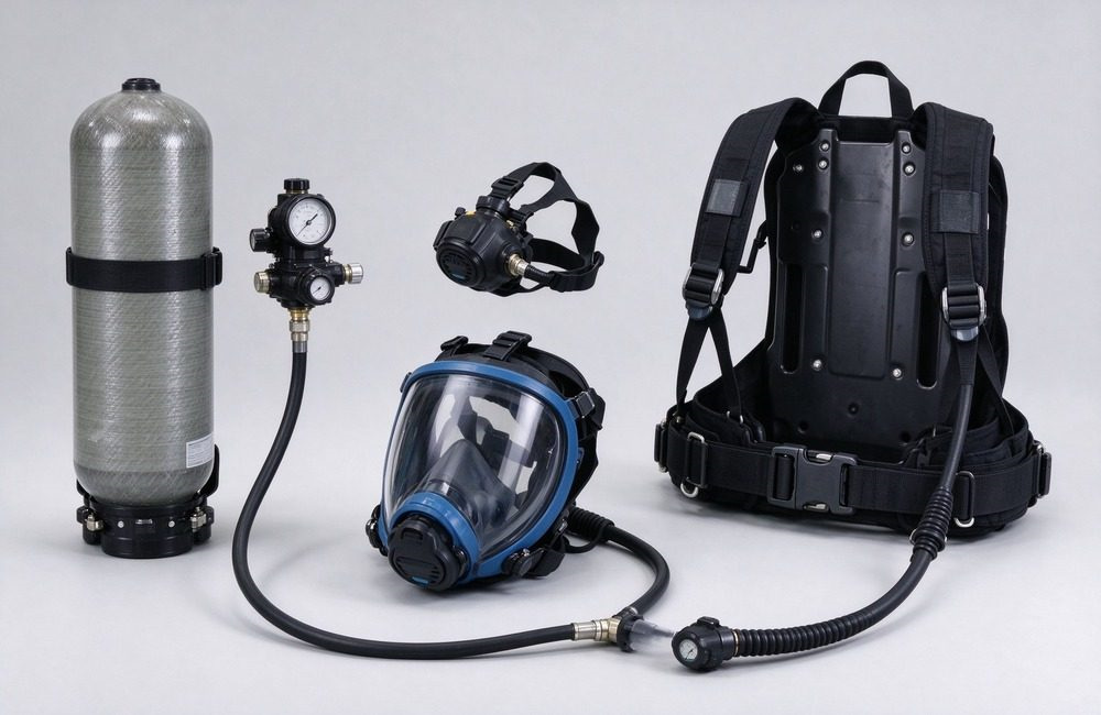 Component breakdown view of complete positive pressure SCBA system, displaying carbon fiber cylinder, pressure regulator and full facepiece