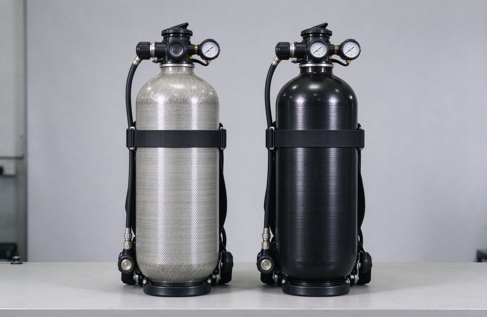 Side-by-side comparison of positive pressure SCBA carbon fiber cylinder versus steel cylinder to show lightweight performance difference