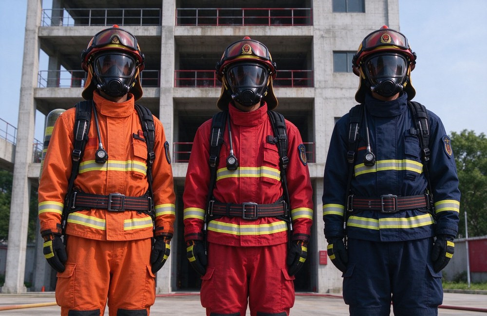 Three color lineup of positive pressure SCBA, black, navy blue and orange units displayed outdoors at fire drill training tower