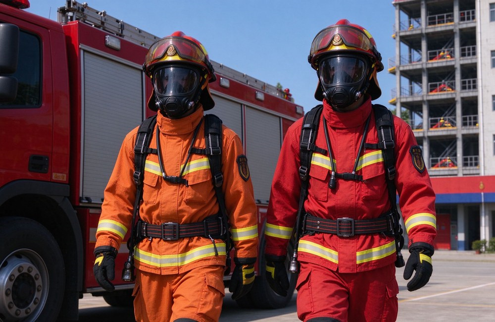 Firefighter in orange red turnout suit with bright yellow reflective stripes, fully equipped with positive pressure SCBA breathing apparatus