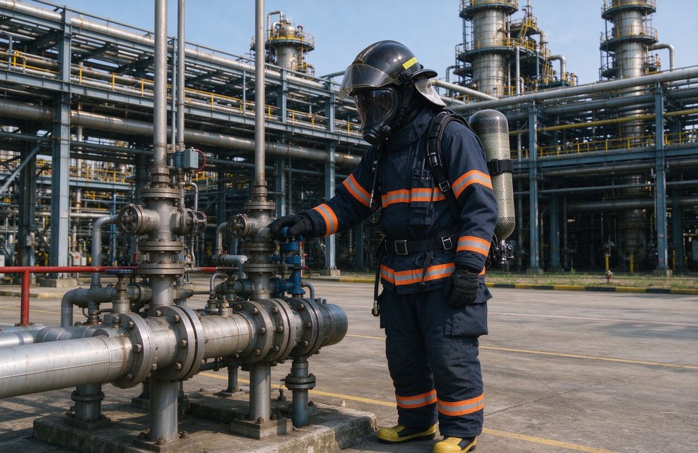 Firefighter wearing positive pressure SCBA and navy turnout gear inspecting safety condition of industrial installation site