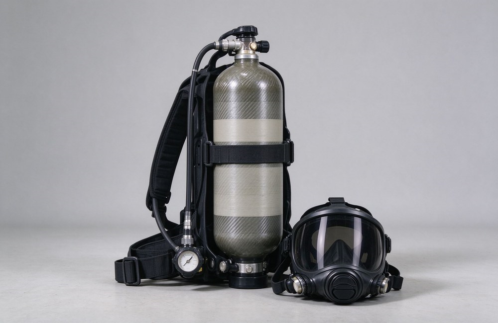 Single standalone positive pressure SCBA unit fitted with carbon fiber cylinder placed on clean plain gray background