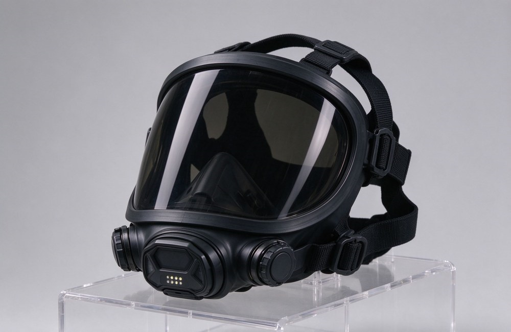 Closeup detail shot of positive pressure SCBA full facepiece with blue silicone sealing skirt and tinted smoked visor
