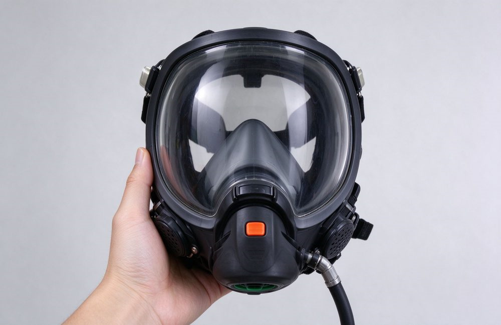 Handheld positive pressure SCBA full facepiece with transparent clear polycarbonate visor and soft silicone face seal