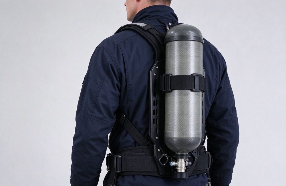 Ergonomic structure detail of positive pressure SCBA aluminum backplate, padded comfortable shoulder strap and adjustable waist belt