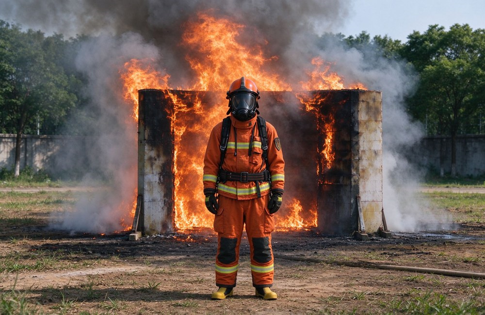 Positive pressure SCBA selection guide infographic covering four usage scenarios: structural firefighting, industrial work and confined space entry