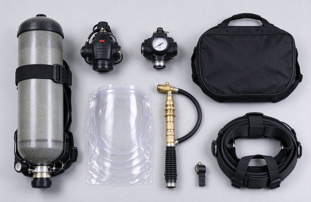 Flat lay arrangement of positive pressure SCBA accessories including spare air cylinder, demand valve and protective full facepiece
