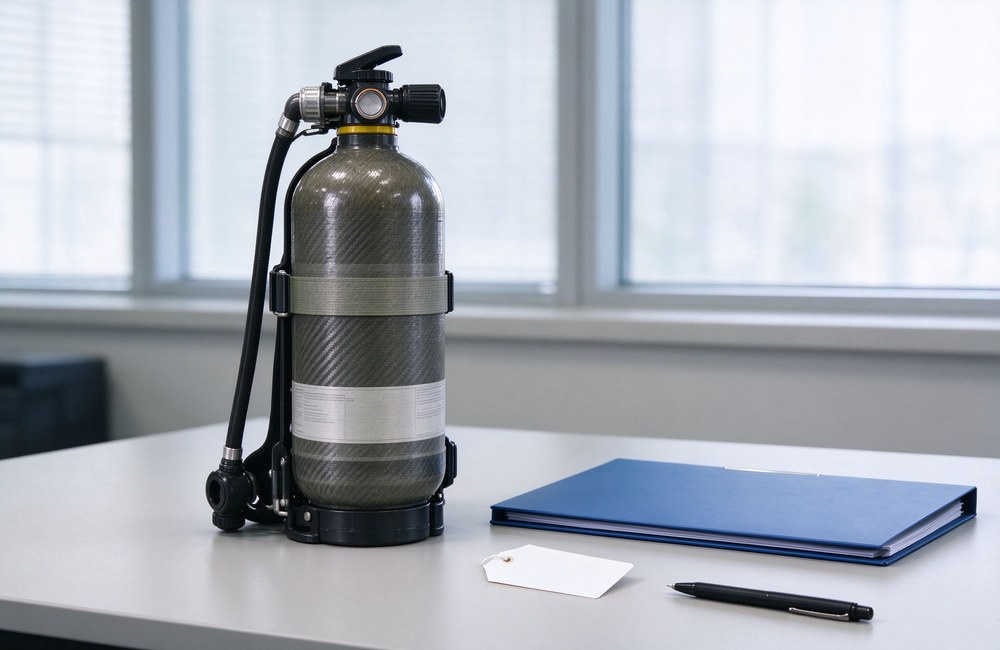 Positive pressure SCBA certification label and official type test report complying with GA124, NFPA 1981 and EN137 safety standards