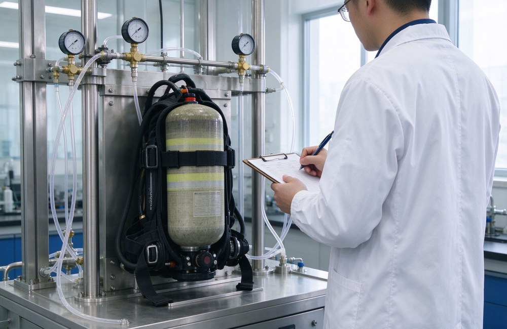 QC quality control worker performing air tightness pressure test for positive pressure SCBA using bench mounted pressure gaugestandards