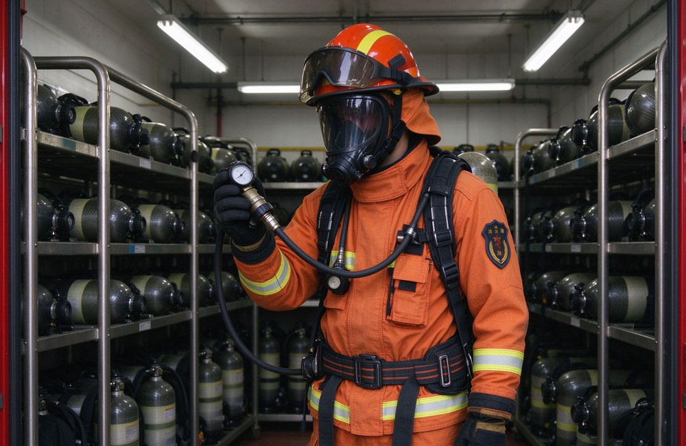 Firefighter carefully checking pressure gauge and regulator assembly of positive pressure SCBA inside fire apparatus storage room