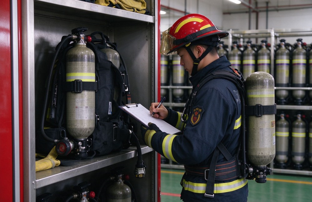 Firefighter inspecting positive pressure SCBA equipment with maintenance checklist clipboard and built-in pressure gauge