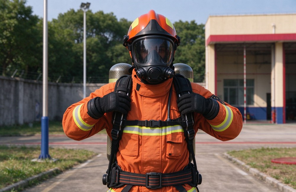 Step-by-step practical training of donning positive pressure SCBA, lifting the whole breathing unit onto both shoulders