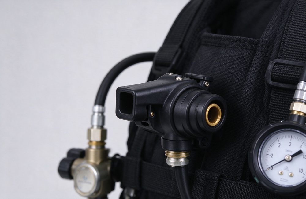 Closeup detail of positive pressure SCBA low air alarm whistle, backplate mounted regulator triggering at 5.5MPa pressure
