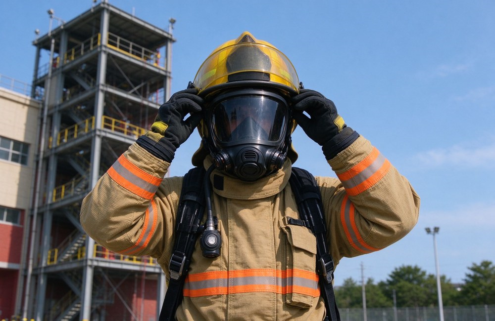 Firefighter in tan turnout gear carefully checks face mask seal of positive pressure SCBA during outdoor fire training exercise