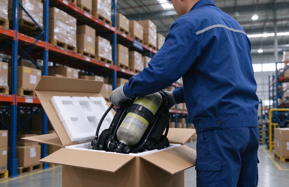 Positive pressure SCBA products packed neatly in export cartons inside warehouse for orderly overseas shipping delivery