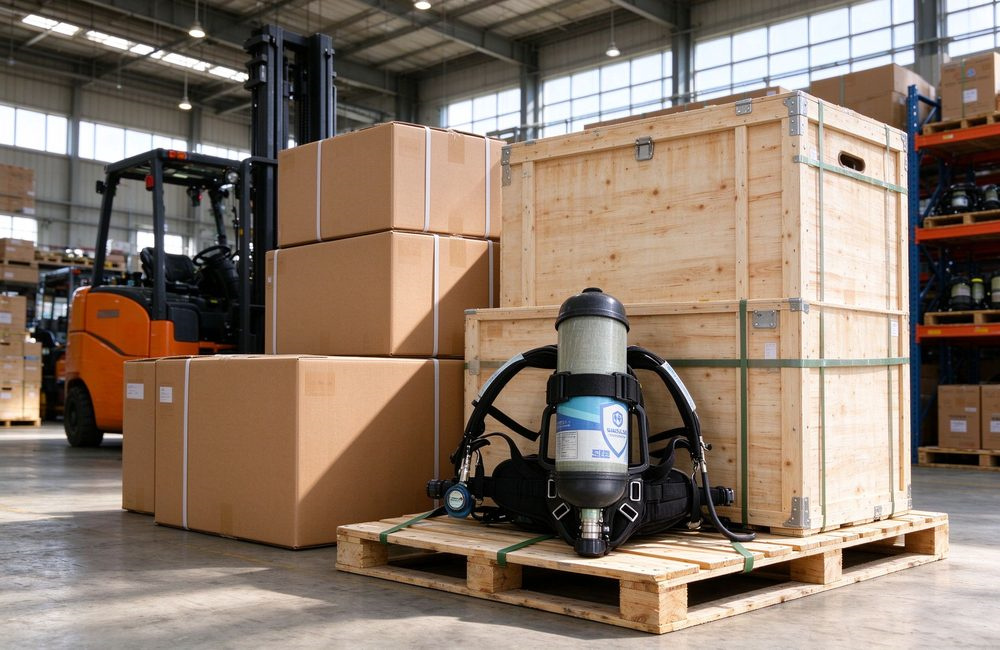 Positive pressure SCBA export shipment loaded with wooden cartons on pallet handled by forklift in warehouse logistics operation