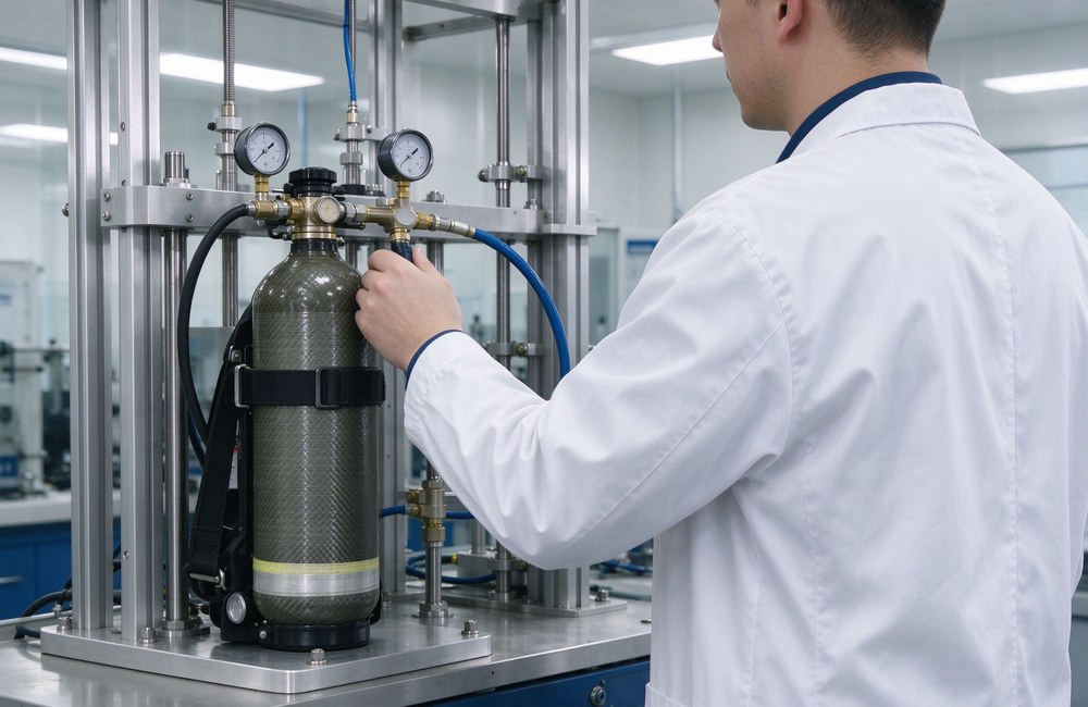Lab engineer wearing white coat records test data while conducting air tightness performance test for positive pressure SCBA on test bench