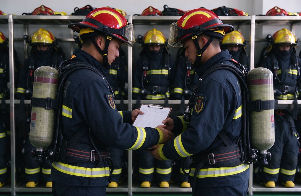 Firefighters receiving issued positive pressure SCBA equipment from government fire department under various shooting backgrounds