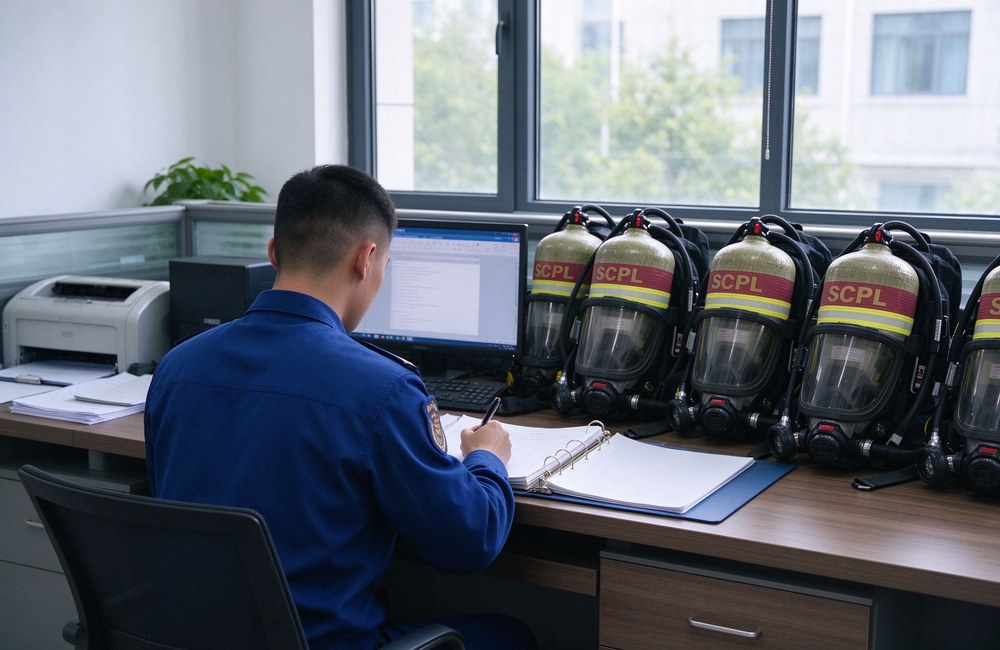 Procurement officer reviews wholesale quotation binder of positive pressure SCBA on office desk for bulk purchase project