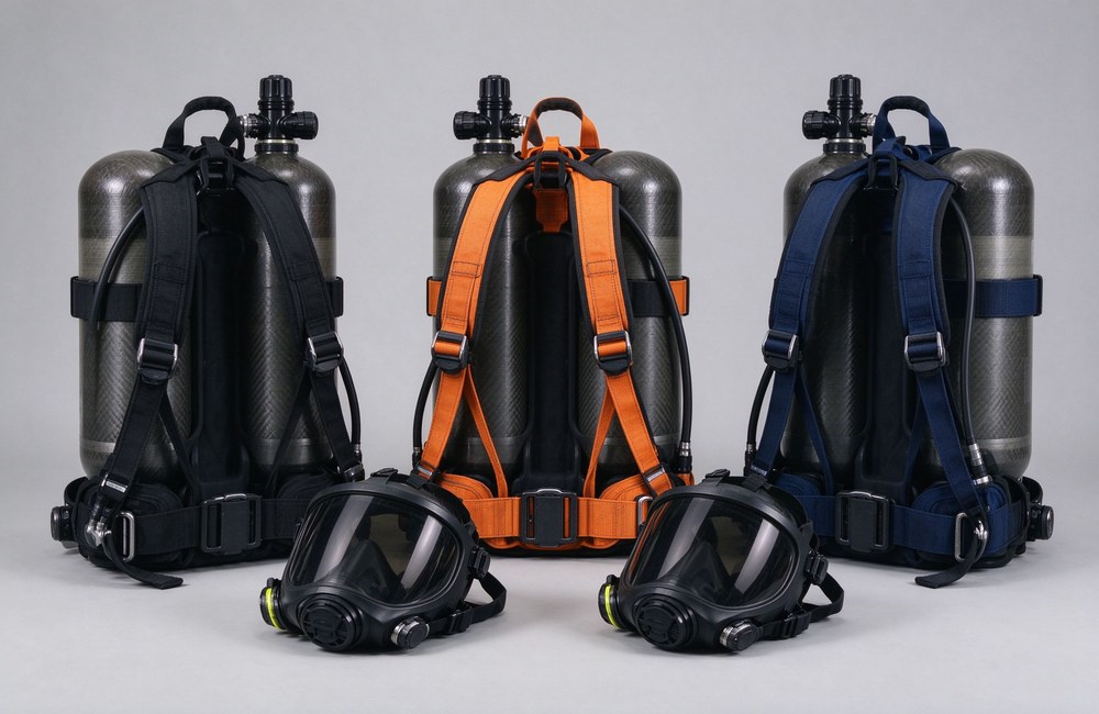 Custom color positive pressure SCBA available in black, navy and orange backplate paired with high strength carbon fiber cylinder