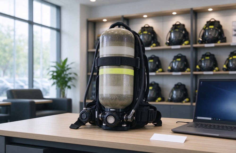 Positive pressure SCBA unit displayed on light wood desk with blank notepad and laptop in product showroom for client quotation
