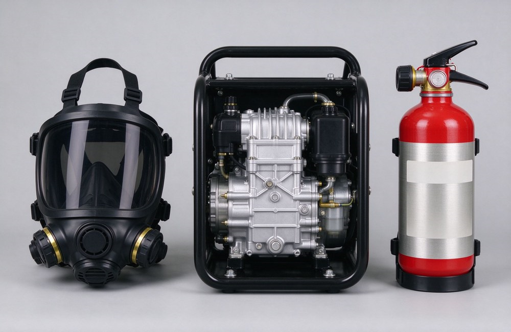Flat lay arrangement of positive pressure SCBA and related protective gear including half face gas mask and breathing air compressor