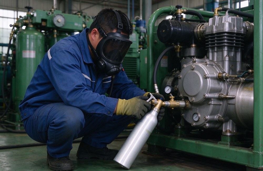Site worker wearing half face mask refills air tank of positive pressure SCBA using high pressure air compressor