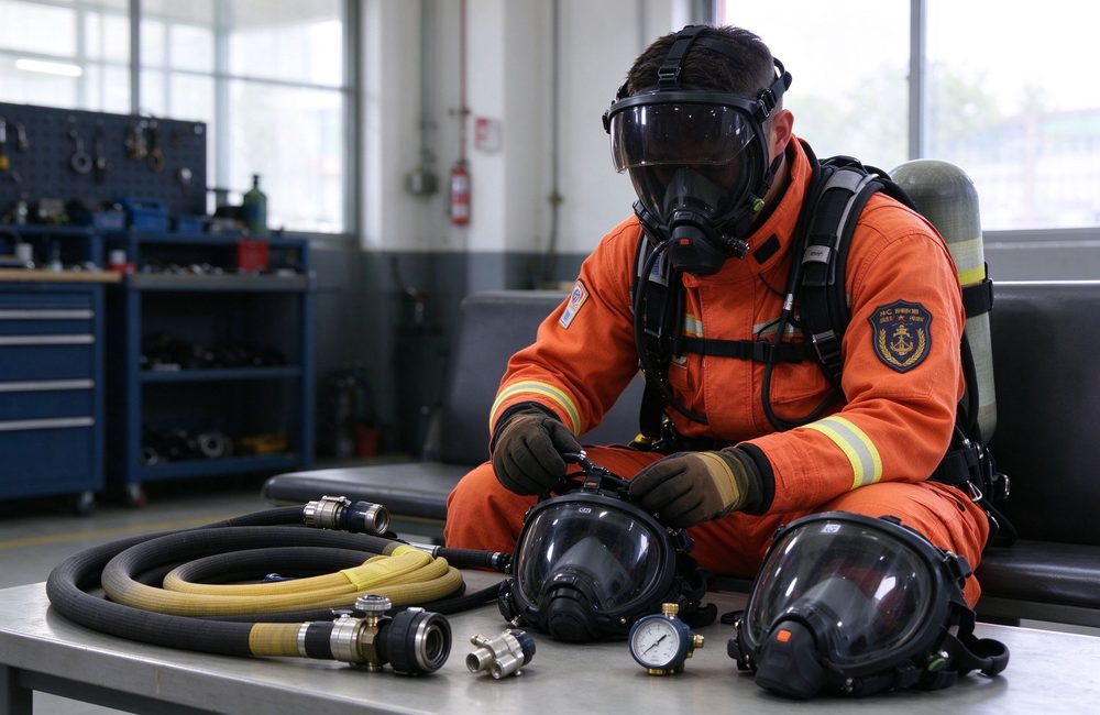 Firefighter in orange turnout gear assembles connecting hose, protective mask and pressure gauge of positive pressure SCBA for hands-on training