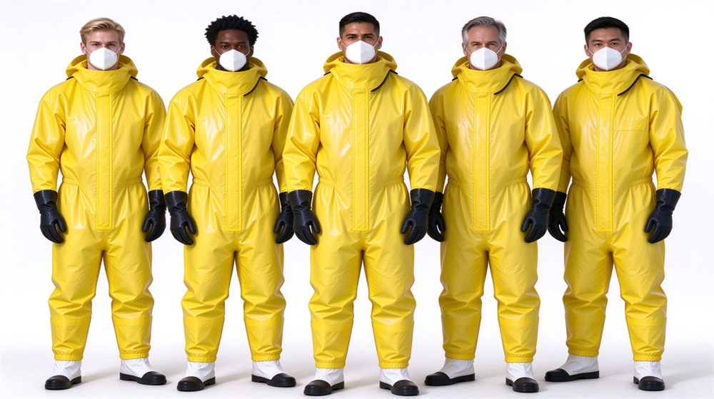Front view of heavy duty protective acid alkali chemical protective suit, Five yellow HDPE PP splash resistant chemical suits in color lineup on, demonstrating professional application use in industrial safety environment, designed for wholesale bulk supply and industrial safety procurement.