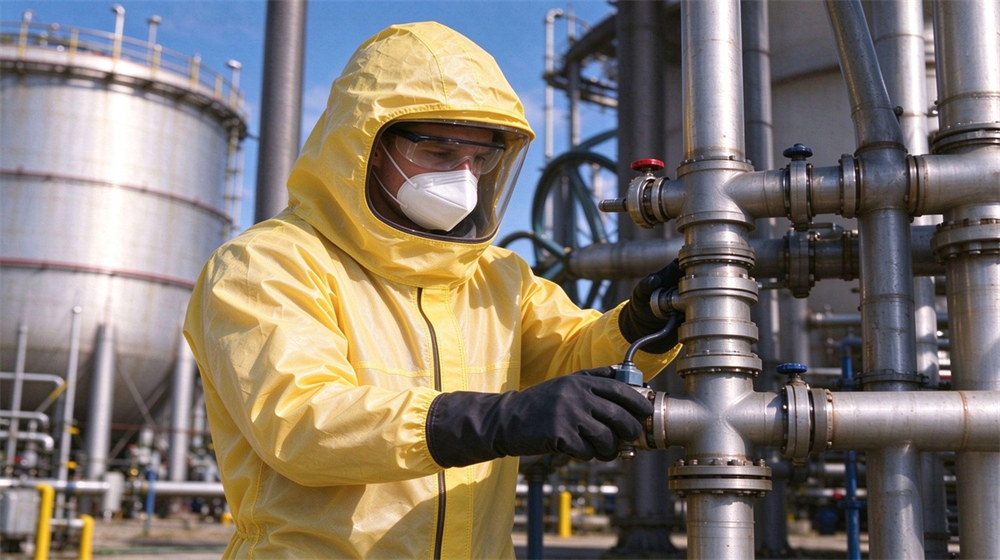 Side angle of heavy duty protective acid alkali chemical protective suit, Western worker in yellow splash resistant chemical suit checking tank valve in, demonstrating professional application use in industrial safety environment, designed for wholesale bulk supply and industrial safety procurement. Side angle of heavy duty protective acid alkali chemical protective suit, Western worker in yellow splash resistant chemical suit checking tank valve in, demonstrating professional application use in industrial safety environment, designed for wholesale bulk supply and industrial safety procurement.