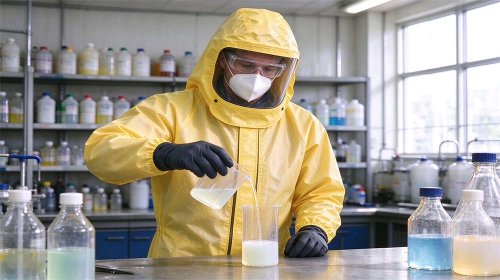 Aerial perspective of heavy duty protective acid alkali chemical protective suit, Worker in yellow HDPE PP splash resistant chemical suit pouring liquid with, demonstrating professional application use in industrial safety environment, designed for wholesale bulk supply and industrial safety procurement. Aerial perspective of heavy duty protective acid alkali chemical protective suit, Worker in yellow HDPE PP splash resistant chemical suit pouring liquid with, demonstrating professional application use in industrial safety environment, designed for wholesale bulk supply and industrial safety procurement.