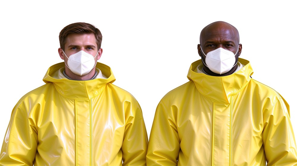 Close up detail of heavy duty protective acid alkali chemical protective suit, Two workers in yellow splash resistant chemical suits comparing protection levels with, demonstrating professional application use in industrial safety environment, designed for wholesale bulk supply and industrial safety