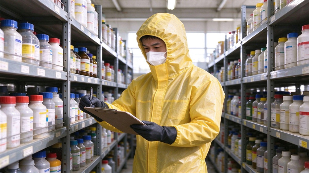Wide shot of heavy duty protective acid alkali chemical protective suit, Worker in yellow splash resistant chemical suit assessing chemical storage risk with, demonstrating professional application use in industrial safety environment, designed for wholesale bulk supply and industrial safety procurement.
