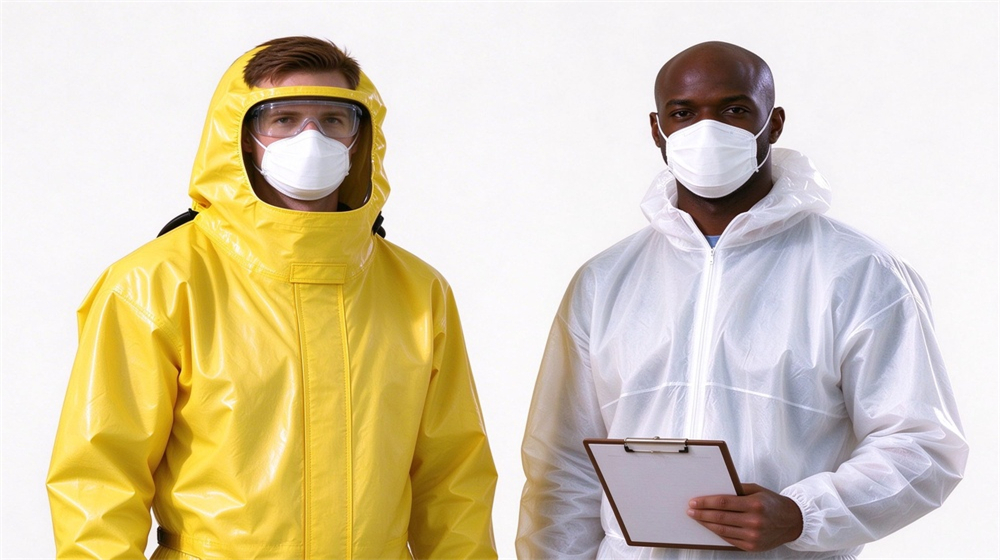 Front view of heavy duty protective acid alkali chemical protective suit, Comparison of yellow HDPE PP splash resistant chemical suit versus white coverall, demonstrating professional application use in industrial safety environment, designed for wholesale bulk supply and industrial safety procurement.