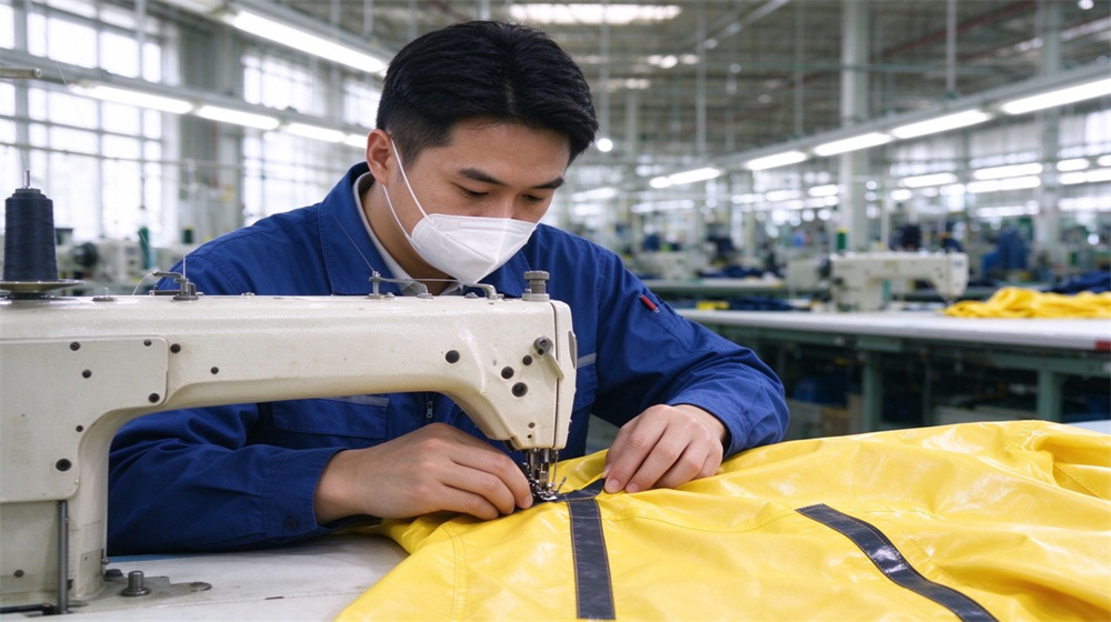 Aerial perspective of heavy duty protective acid alkali chemical protective suit, Asian sewing worker in blue workwear applying tape to seam of yellow, demonstrating professional application use in industrial safety environment, designed for wholesale bulk supply and industrial safety procurement.