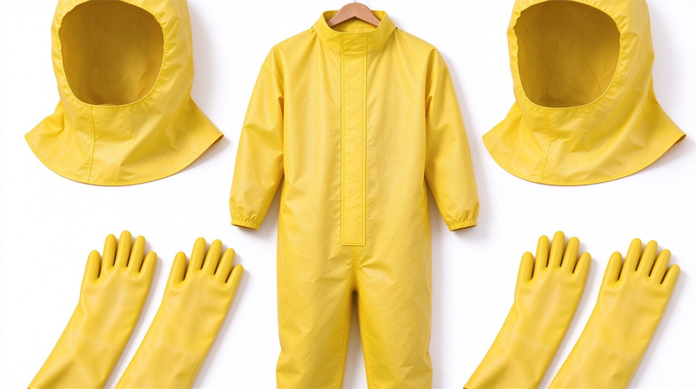 Close up detail of heavy duty protective acid alkali chemical protective suit, Yellow splash resistant chemical suit accessory set with hood and gloves on, demonstrating professional application use in industrial safety environment, designed for wholesale bulk supply and industrial safety Close up detail of heavy duty protective acid alkali chemical protective suit, Yellow splash resistant chemical suit accessory set with hood and gloves on, demonstrating professional application use in industrial safety environment, designed for wholesale bulk supply and industrial safety