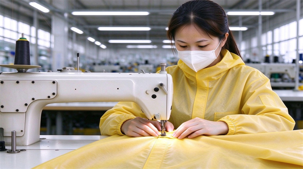45 degree angle of heavy duty protective acid alkali chemical protective suit, Two Asian sewing workers stitching yellow HDPE PP splash resistant chemical suit, demonstrating professional application use in industrial safety environment, designed for wholesale bulk supply and industrial safety 45 degree angle of heavy duty protective acid alkali chemical protective suit, Two Asian sewing workers stitching yellow HDPE PP splash resistant chemical suit, demonstrating professional application use in industrial safety environment, designed for wholesale bulk supply and industrial safety