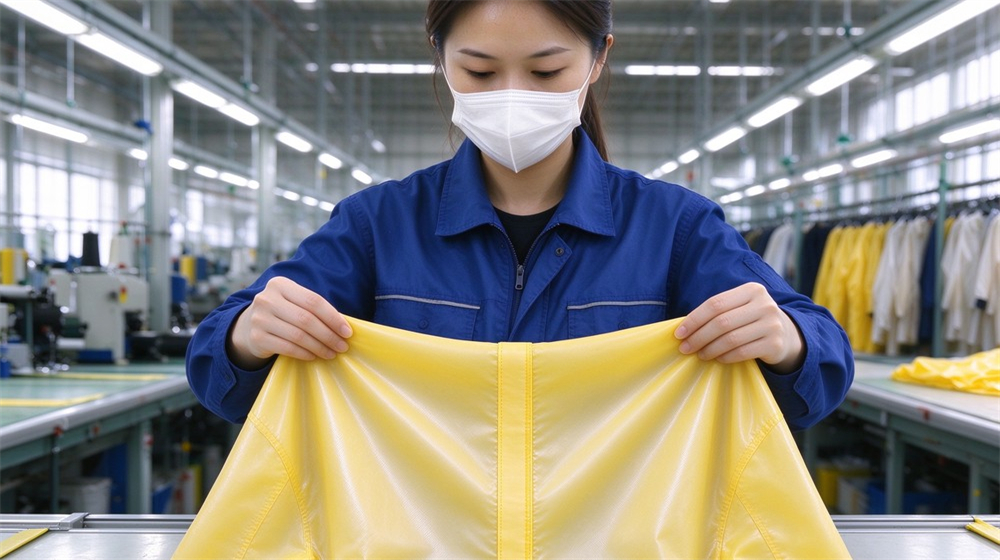 Overhead view of heavy duty protective acid alkali chemical protective suit, Asian quality inspector in blue workwear checking seam of finished yellow splash, demonstrating professional application use in industrial safety environment, designed for wholesale bulk supply and industrial safety procurement. Overhead view of heavy duty protective acid alkali chemical protective suit, Asian quality inspector in blue workwear checking seam of finished yellow splash, demonstrating professional application use in industrial safety environment, designed for wholesale bulk supply and industrial safety procurement.