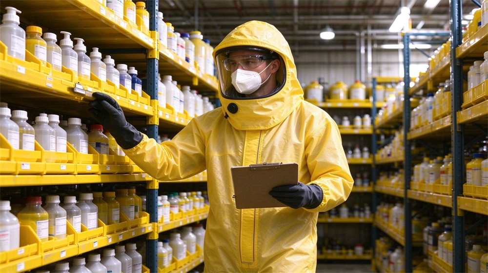 Macro detail of heavy duty protective acid alkali chemical protective suit, Worker in yellow splash resistant chemical suit inspecting bottle chemical shelves with, demonstrating professional application use in industrial safety environment, designed for wholesale bulk supply and industrial safety procurement.