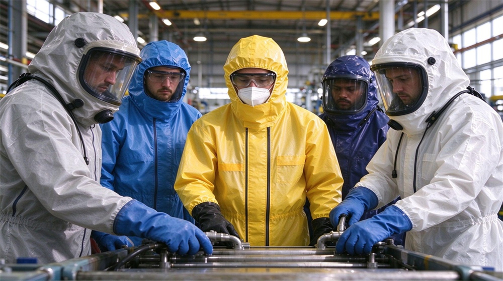 Front view of heavy duty protective acid alkali chemical protective suit, Five workers with distinct faces in varied color coveralls working together with, demonstrating professional application use in industrial safety environment, designed for wholesale bulk supply and industrial safety procurement. Front view of heavy duty protective acid alkali chemical protective suit, Five workers with distinct faces in varied color coveralls working together with, demonstrating professional application use in industrial safety environment, designed for wholesale bulk supply and industrial safety procurement.