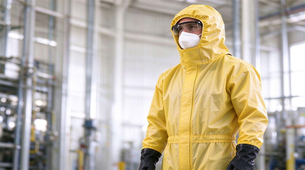 Side angle of heavy duty protective acid alkali chemical protective suit, Complete PPE system with yellow HDPE PP splash resistant chemical suit goggles, demonstrating professional application use in industrial safety environment, designed for wholesale bulk supply and industrial safety procurement. Side angle of heavy duty protective acid alkali chemical protective suit, Complete PPE system with yellow HDPE PP splash resistant chemical suit goggles, demonstrating professional application use in industrial safety environment, designed for wholesale bulk supply and industrial safety procurement.