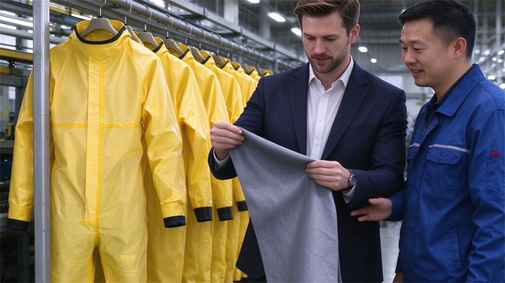 Aerial perspective of heavy duty protective acid alkali chemical protective suit, Western buyer in suit choosing yellow splash resistant chemical suits on hanging, demonstrating professional application use in industrial safety environment, designed for wholesale bulk supply and industrial safety procurement.