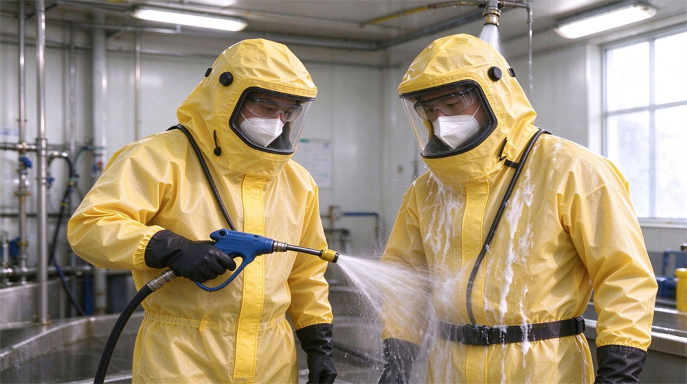 Wide shot of heavy duty protective acid alkali chemical protective suit, Two Asian workers in splash resistant coverall HDPE PP rinsing yellow chemical, demonstrating professional application use in industrial safety environment, designed for wholesale bulk supply and industrial safety procurement. Wide shot of heavy duty protective acid alkali chemical protective suit, Two Asian workers in splash resistant coverall HDPE PP rinsing yellow chemical, demonstrating professional application use in industrial safety environment, designed for wholesale bulk supply and industrial safety procurement.