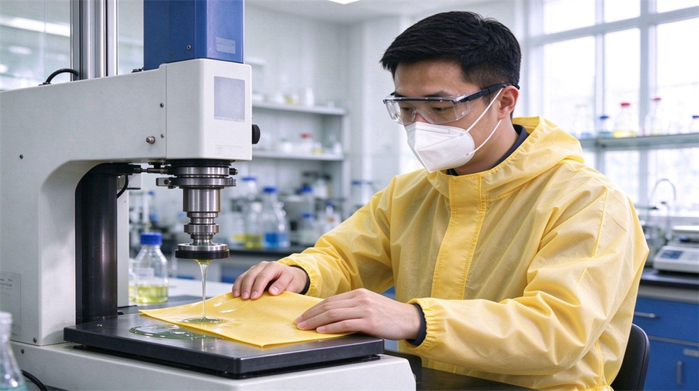 Front view of heavy duty protective acid alkali chemical protective suit, Technician in yellow splash resistant chemical suit pressing fabric sample during permeation, demonstrating professional application use in industrial safety environment, designed for wholesale bulk supply and industrial safety procurement.