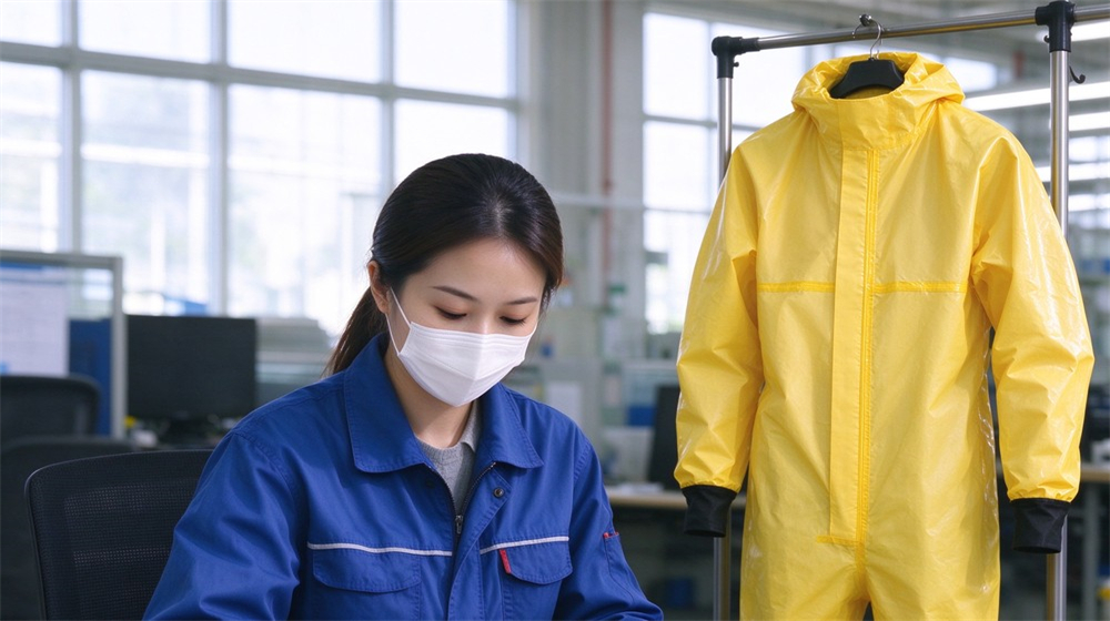 Aerial perspective of heavy duty protective acid alkali chemical protective suit, Asian supervisor writing inspection records for yellow splash resistant chemical suits in, demonstrating professional application use in industrial safety environment, designed for wholesale bulk supply and industrial safety procurement. Aerial perspective of heavy duty protective acid alkali chemical protective suit, Asian supervisor writing inspection records for yellow splash resistant chemical suits in, demonstrating professional application use in industrial safety environment, designed for wholesale bulk supply and industrial safety procurement.